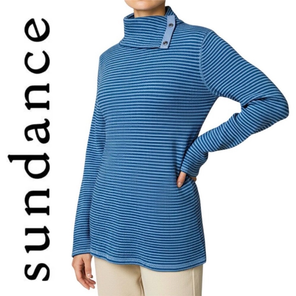 Sundance Jesse Blue Green Stripe Snap Collar Turtleneck Top Preppy Stretch XS